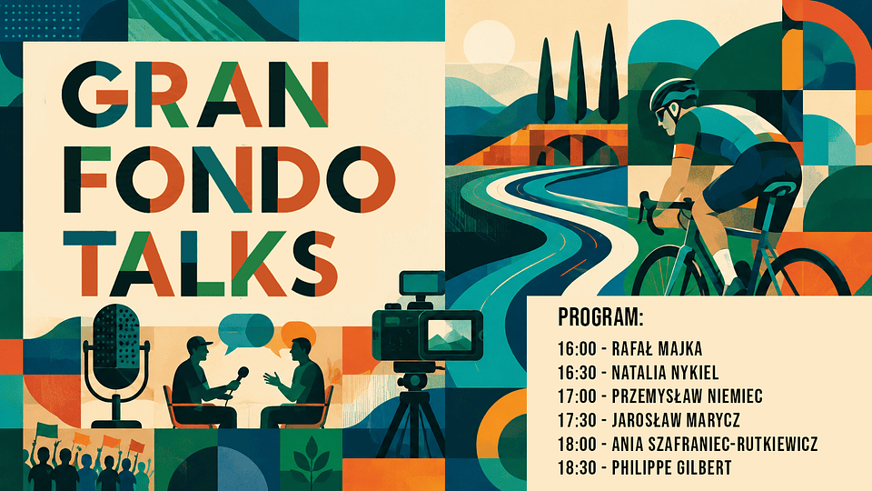 Kolorowa grafika promująca wydarzenie "Gran Fondo Talks", z mikrofonem, kamerą i sylwetkami dwóch rozmówców. W tle rowerzysta na krętej drodze.