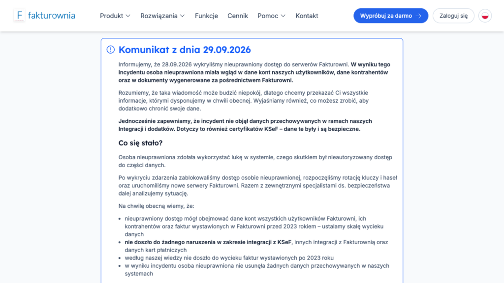 Komunikat Fakturowni z 29 września 2026 r. o nieuprawnionym dostępie do serwerów firmy