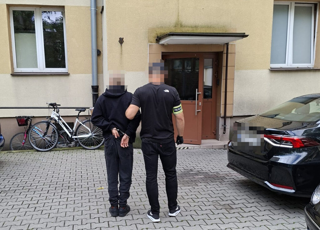 Mężczyzna w czarnej bluzie z kapturem jest zatrzymywany przez policjanta w czarnym t-shircie z opaską. W tle widoczne rowery i budynek.