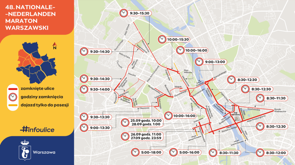 Mapa z zamkniętymi ulicami i godzinami dla 48. Maratonu Warszawskiego, z oznaczonymi trasami i dojazdem do posesji.
