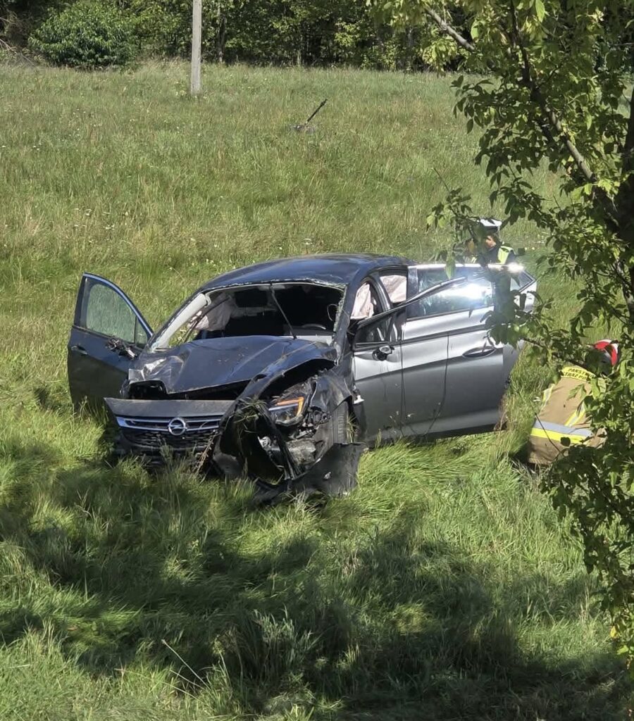 Zniszczony samochód osobowy leży na trawie, obok niego pracują strażacy w mundurach.