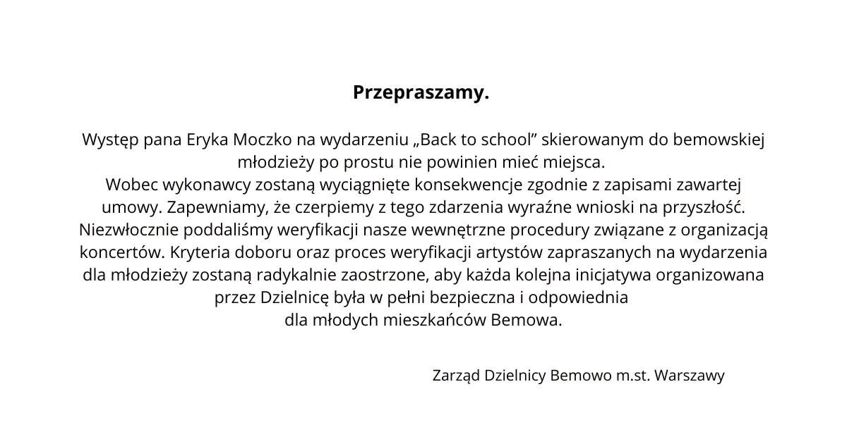 Dokument z tekstem przeprosin, informujący o konsekwencjach występu artysty na wydarzeniu młodzieżowym w Bemowie.