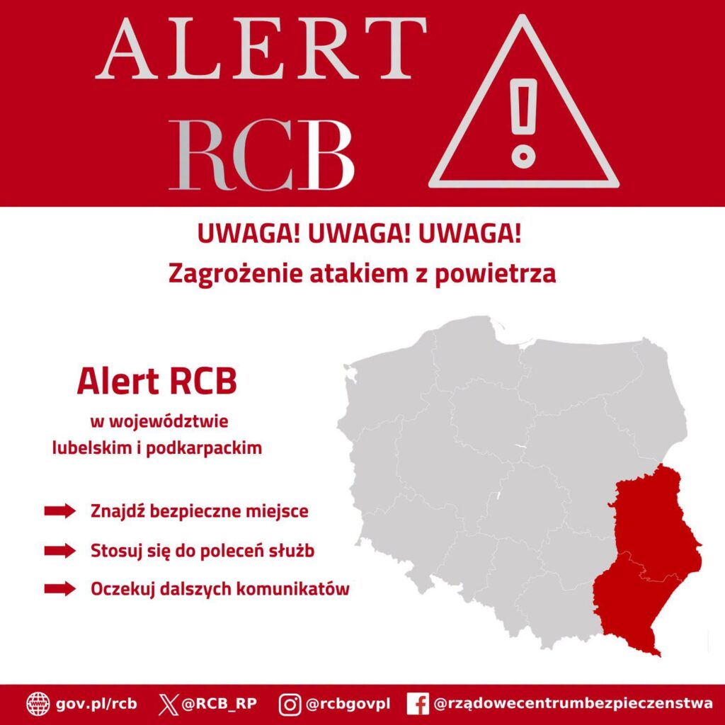 Alert RCB informujący o zagrożeniu atakiem z powietrza w województwie lubelskim i podkarpackim.