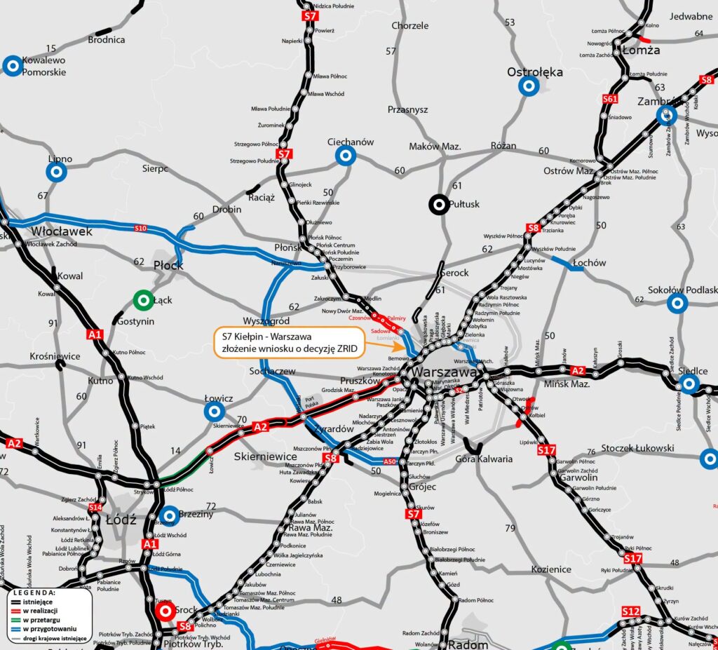 Mapa sieci drogowej wokół Warszawy z zaznaczonymi trasami i podpisem „S7 Kiełpin - Warszawa, złożenie wniosku o decyzję