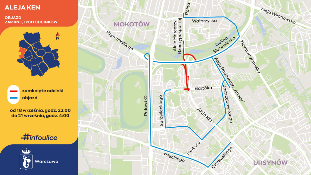 Mapa z oznaczeniami zamkniętych odcinków i objazdów w Alei KEN, z datami i godzinami zmian.