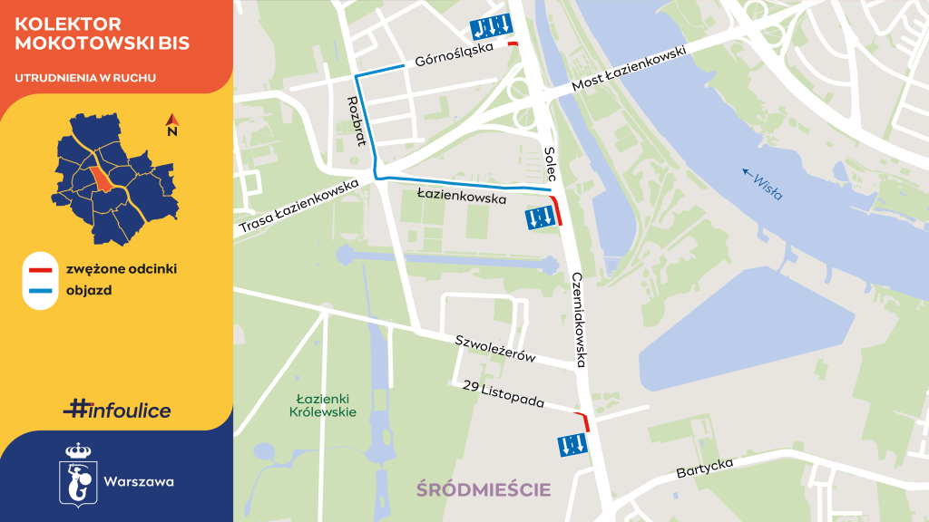 Mapa z oznaczeniami utrudnień w ruchu, z zaznaczonymi zwężonymi odcinkami i objazdami w Warszawie.