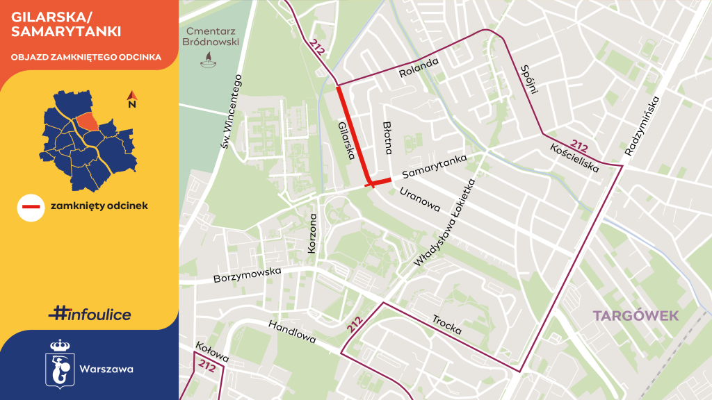 Mapa przedstawiająca objazd zamkniętego odcinka ulic Gilarskiej i Samarytanki w Warszawie.