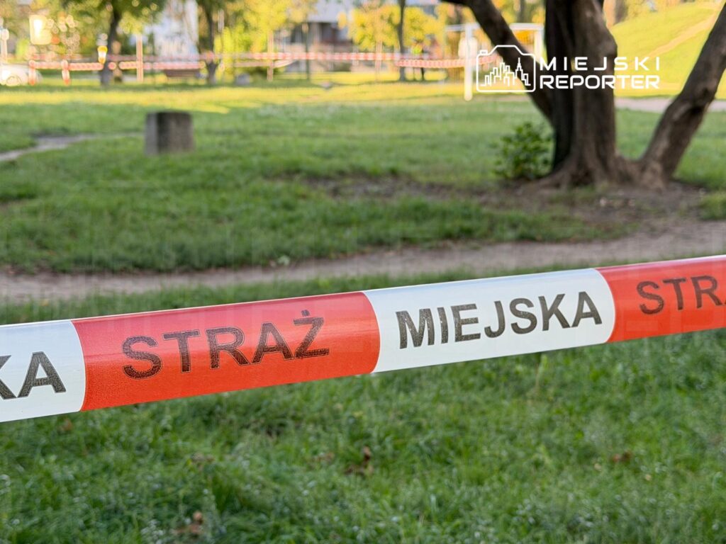 Taśma zabezpieczająca z napisem "STRAŻ MIEJSKA" rozciągnięta w parku, otaczająca obszar zielony.