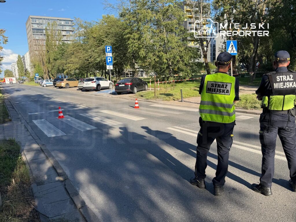 Dwóch funkcjonariuszy straży miejskiej obserwuje ulicę, na której ustawiono pachołki ostrzegawcze. W tle widać samochody zaparkowane wzdłuż chodnika.