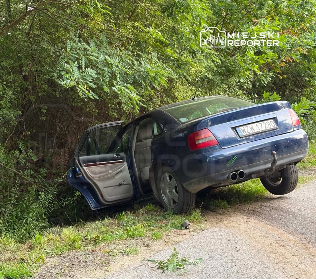 Niebieski samochód osobowy wjechał w zarośla przy drodze, drzwi są otwarte, a pojazd stoi na jednym z kół.