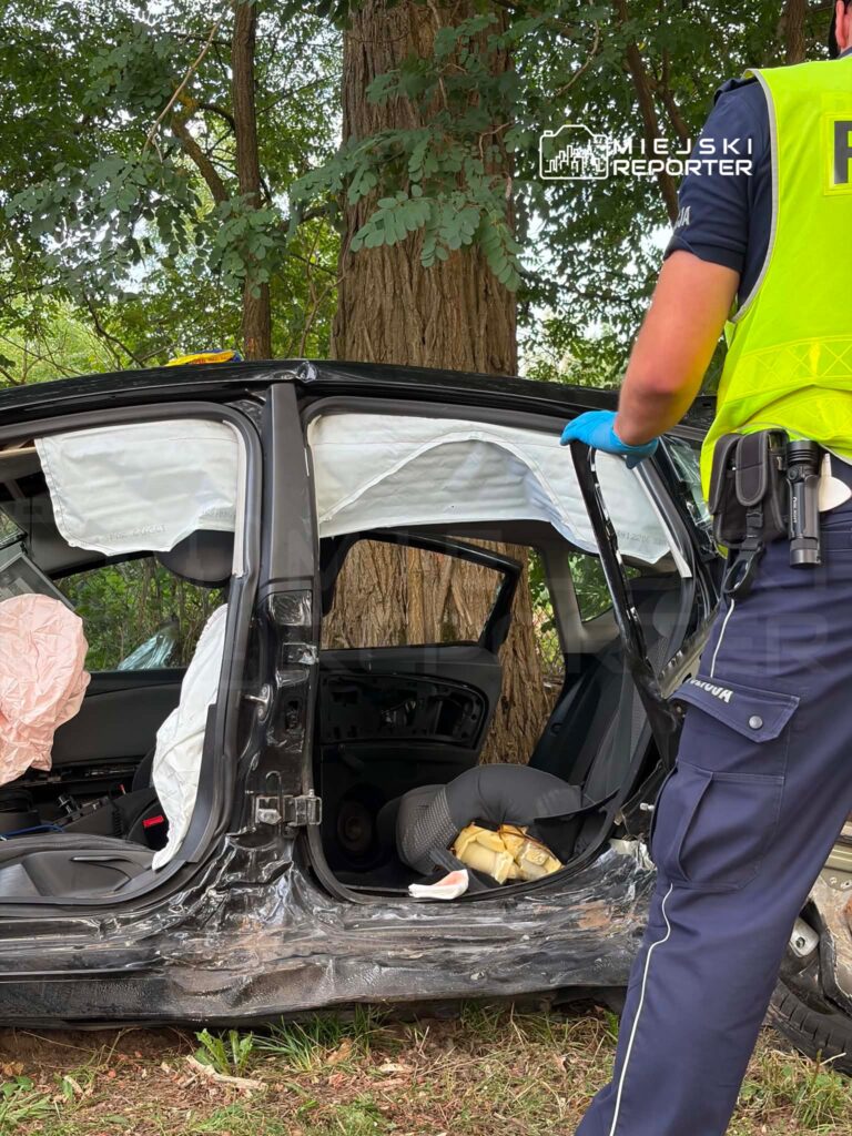 Funkcjonariusz policji bada uszkodzony samochód osobowy przy drzewie w lesie, z widocznymi poduszkami powietrznymi.