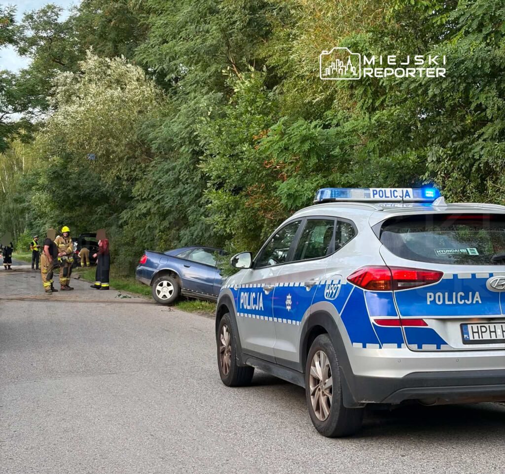 Na drodze stoi radiowóz policyjny z włączonymi sygnałami, obok grupka strażaków i ratowników przy uszkodzonym samochodzie.