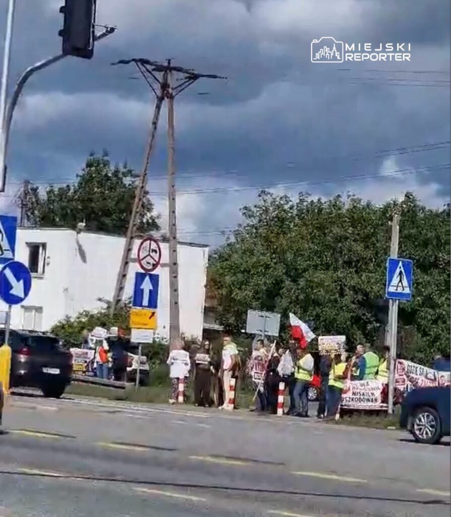 Grupa osób z transparentami protestuje przy ruchliwej ulicy, trzymając flagę Polski.