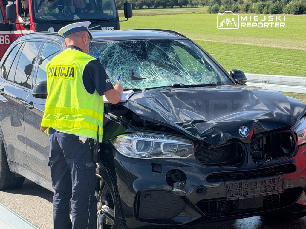 Policjant w kamizelce odblaskowej sporządza notatki przy uszkodzonym czarnym samochodzie osobowym na drodze.