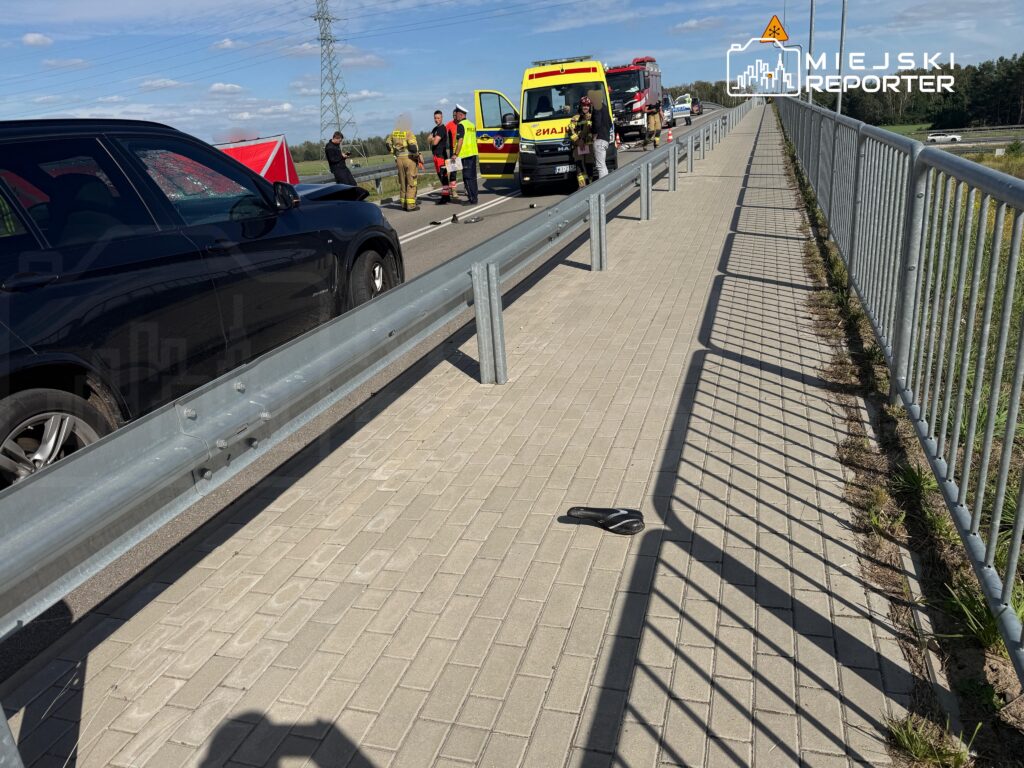 Na drodze stoi czarny samochód, obok grupka ratowników medycznych oraz strażaków, w tle widać karetkę.