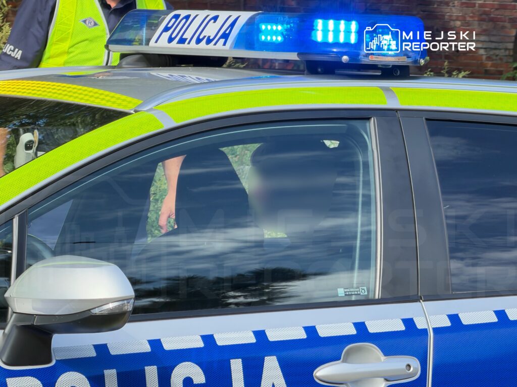 Policjant w kamizelce odblaskowej stoi obok radiowozu policyjnego z włączonymi sygnałami świetlnymi.