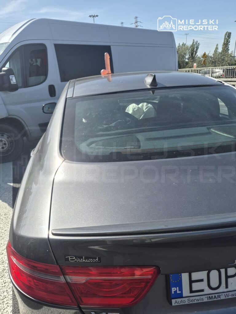 Na dachu szarego samochodu osobowego umieszczony jest różowy przedmiot w kształcie fallicznym, obok stoi biały furgon.