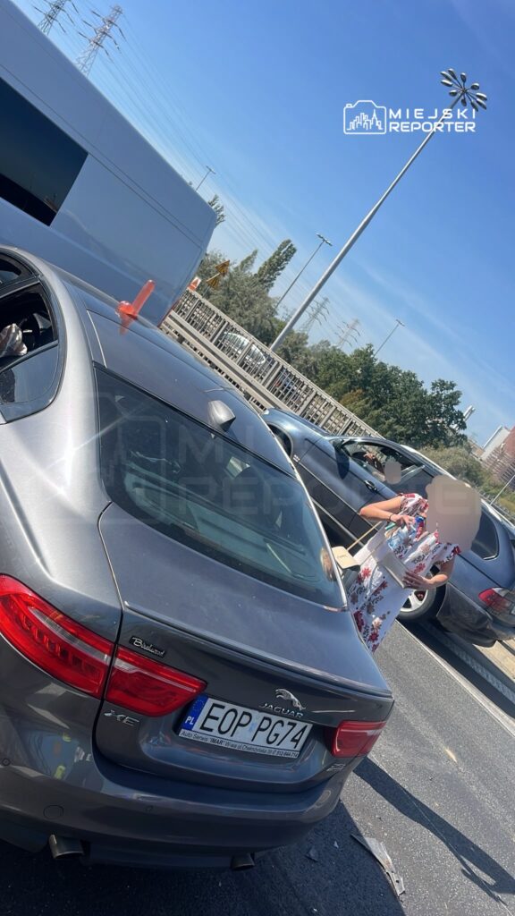 Kobieta w kwiecistej sukience trzyma pojemnik z jedzeniem, rozmawiając z kierowcą samochodu na zatłoczonej drodze.