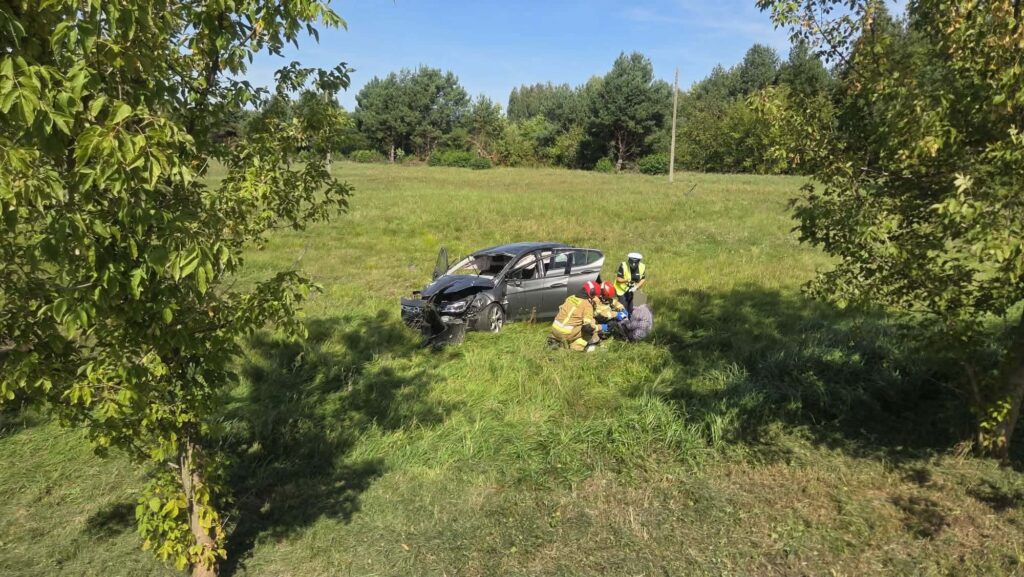 Ratownicy w mundurach udzielają pomocy poszkodowanemu przy uszkodzonym samochodzie w zielonym terenie.