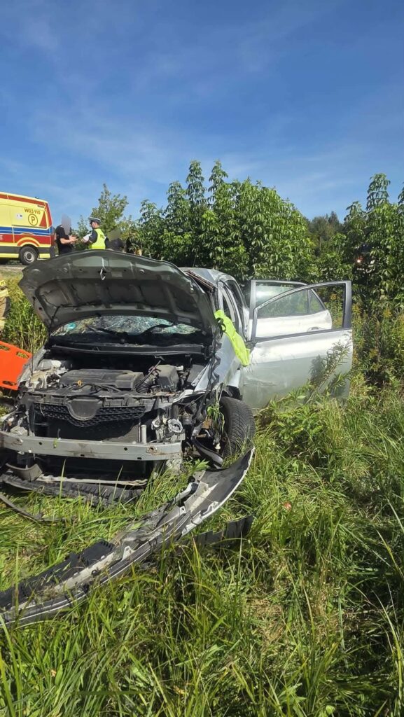 Uszkodzony samochód osobowy leży w trawie obok drogi, a obok niego interweniują ratownicy medyczni i policjanci.