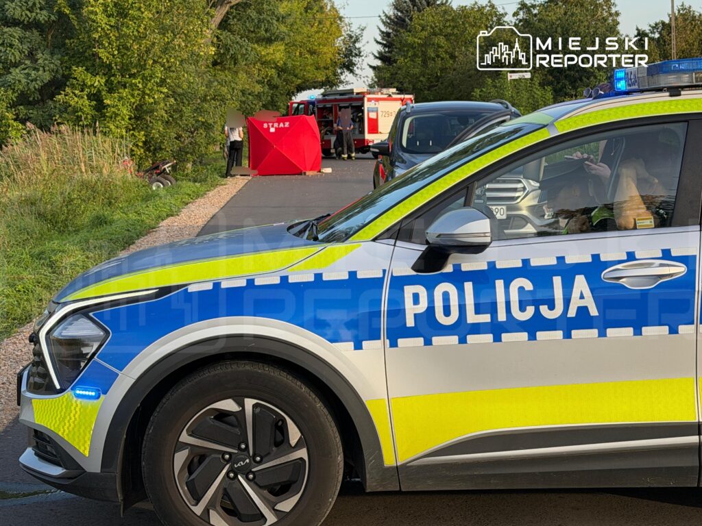 Radiowóz policyjny z włączonymi sygnałami świetlnymi stoi przy drodze, obok widoczna ekipa strażacka.