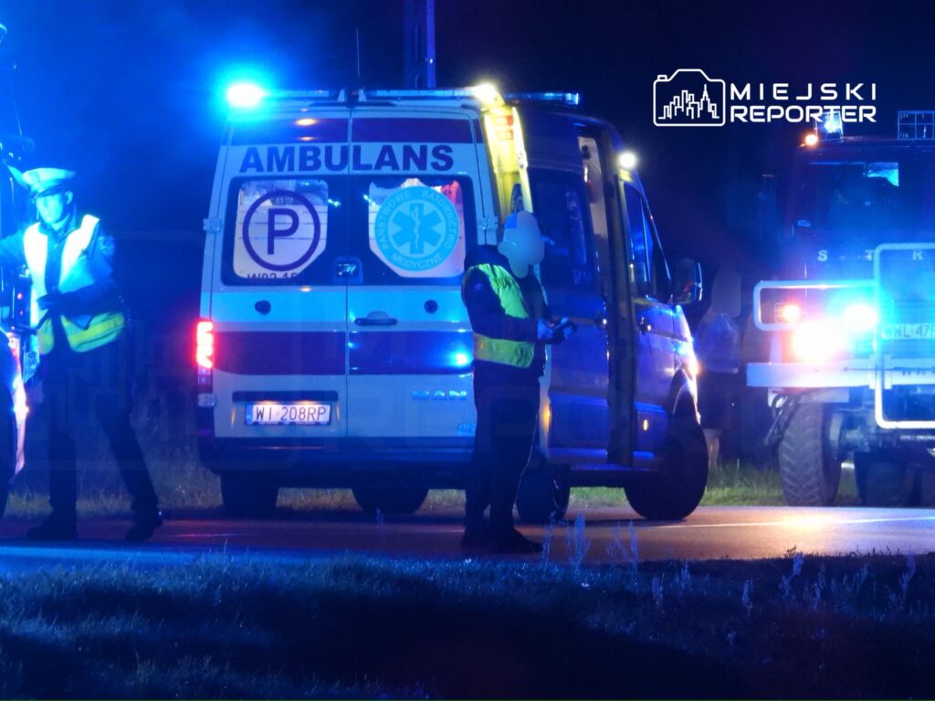 Ratownik medyczny w kamizelce odblaskowej sprawdza dokumenty obok karetki na drodze w nocy, otoczenie oświetlone niebieskimi światłami.