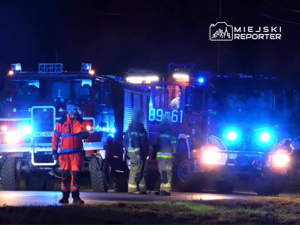 Strażacy w mundurach i odblaskowych kurtkach pracują przy wozach strażackich na nocnej drodze, otoczeni niebieskimi światłami.
