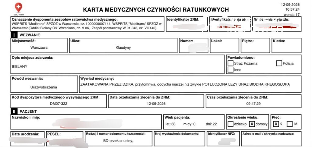 Karta medycznych czynności ratunkowych z informacjami o wezwaniu do zdarzenia w Warszawie związanym z obrażeniami.