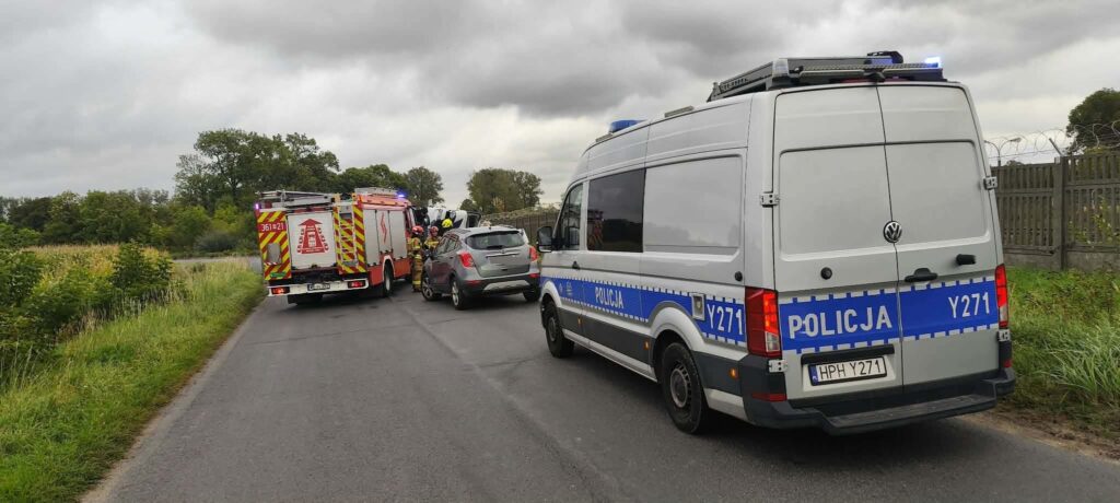 Na drodze zatrzymane są dwa pojazdy: samochód osobowy oraz furgonetka policyjna, obok nich pracują strażacy.