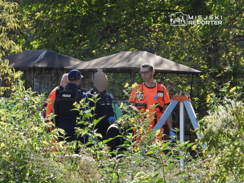Grupa policjantów i ratowników w pomarańczowych kamizelkach rozmawia w zaroślach, obok sprzętu do poszukiwań.
