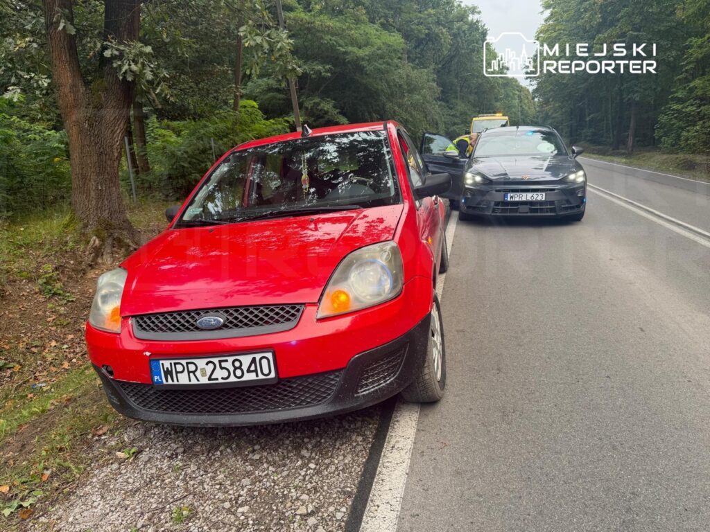 Czerwony samochód osobowy zaparkowany na poboczu drogi w lesie, obok stoi czarny pojazd policyjny.