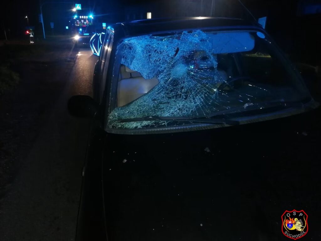 Zniszczona szyba czołowa czarnego samochodu stojącego na drodze, w tle widać niebieskie światła pojazdów służb ratunkowych.