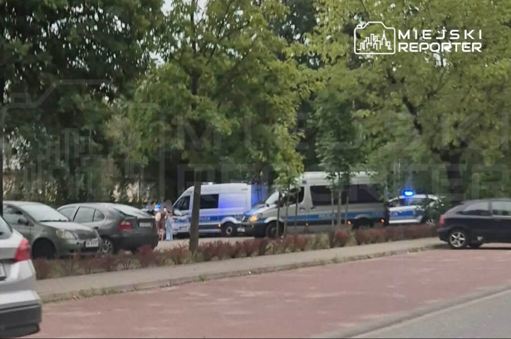 Policyjni funkcjonariusze rozmawiają obok radiowozów na ulicy otoczonej drzewami.