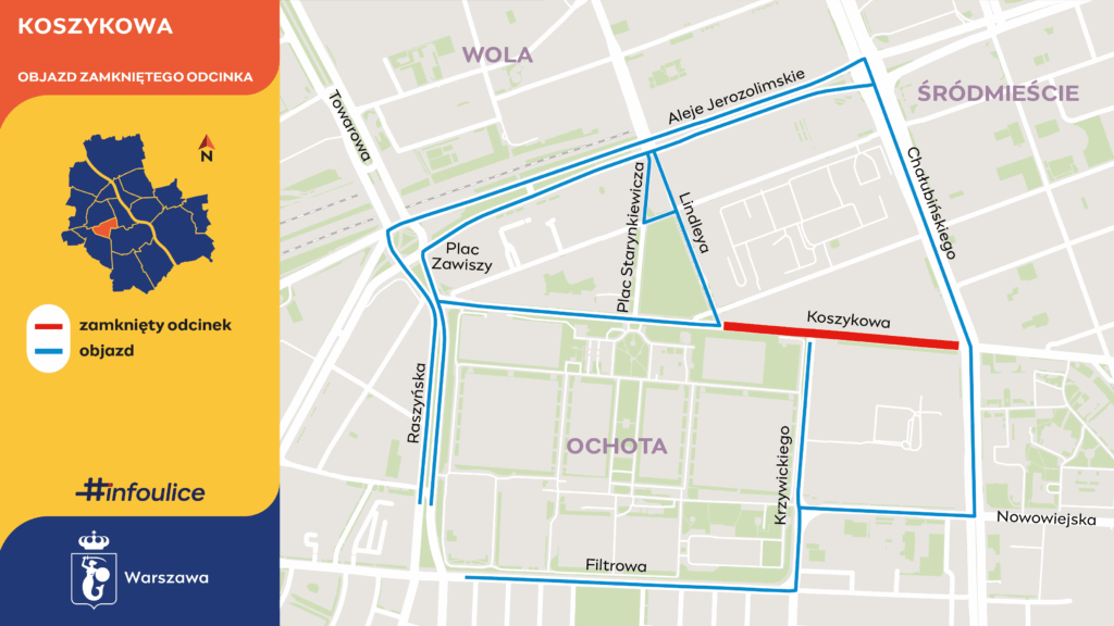 Mapa objazdu pokazuje zamknięty na czerwono odcinek ulicy Koszykowej i niebieską trasę objazdu.