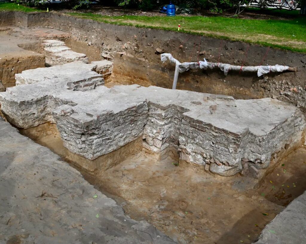 Wykopaliska z fragmentami murowanej struktury, otoczone ziemią i roślinnością, z widocznymi śladami prac archeologicznych.