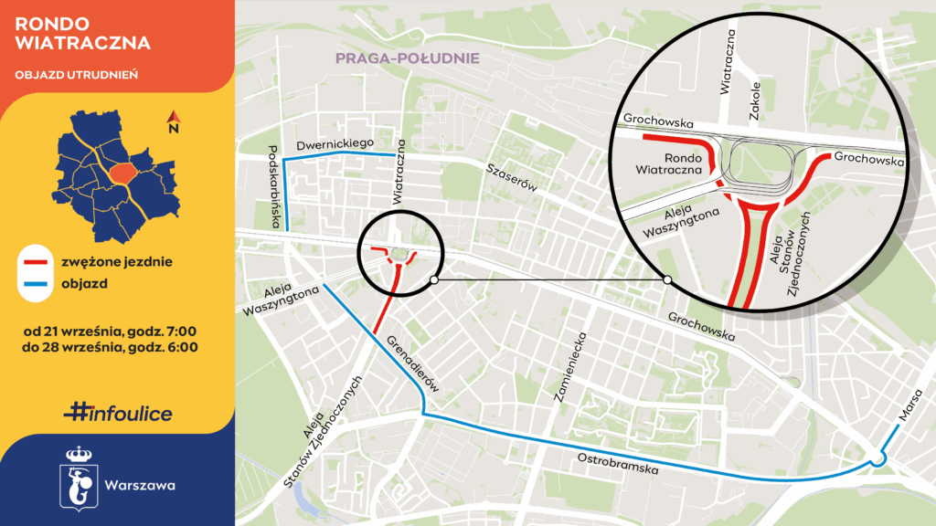 Mapa przedstawiająca Rondo Wiatraczna z zaznaczonymi zwężonymi jezdniami oraz objazdami w Warszawie.