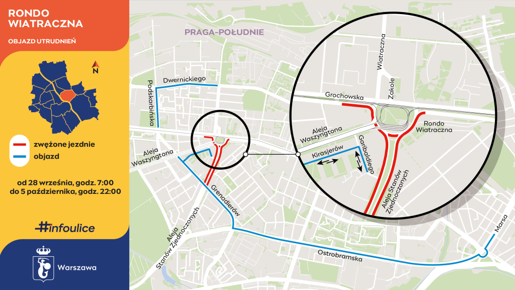 Mapa z zaznaczonym Rondo Wiatraczna, pokazująca zwężone jezdnie oraz objazdy w okolicach.
