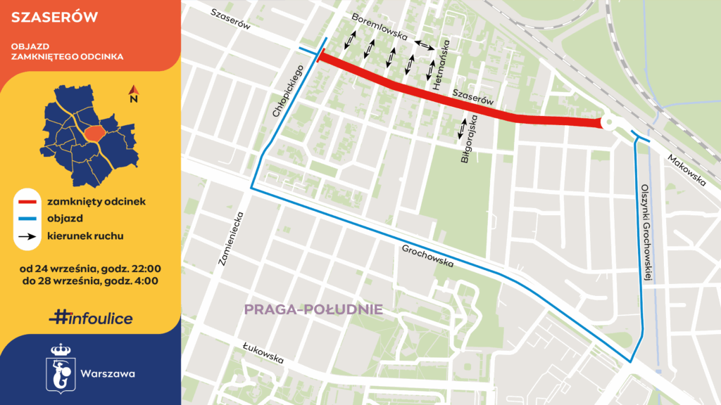 Mapa przedstawiająca zamknięty odcinek ulicy Szaserów oraz objazdy w Warszawie, z oznaczeniem kierunku ruchu.