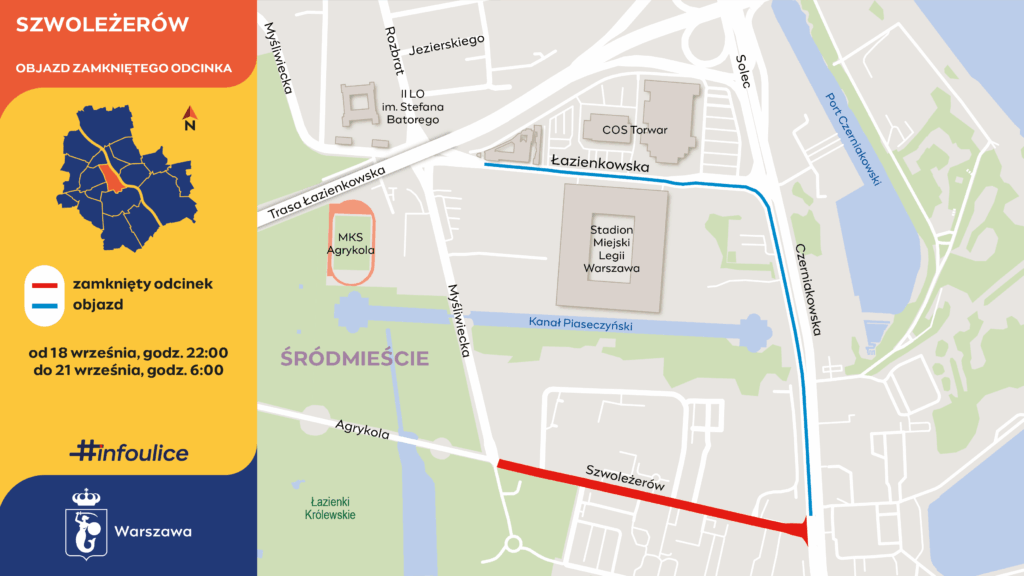 Mapa z oznaczeniem zamkniętego odcinka ulicy Szwolężeów oraz objazdów, z widocznymi ulicami i punktami orientacyjnymi.