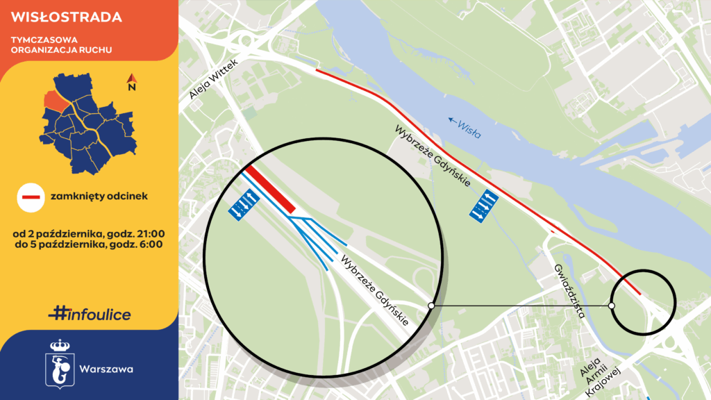 Mapa organizacji ruchu pokazująca zamknięty odcinek Wisłostrady w stronę Łomianek od 2 do 5 października.