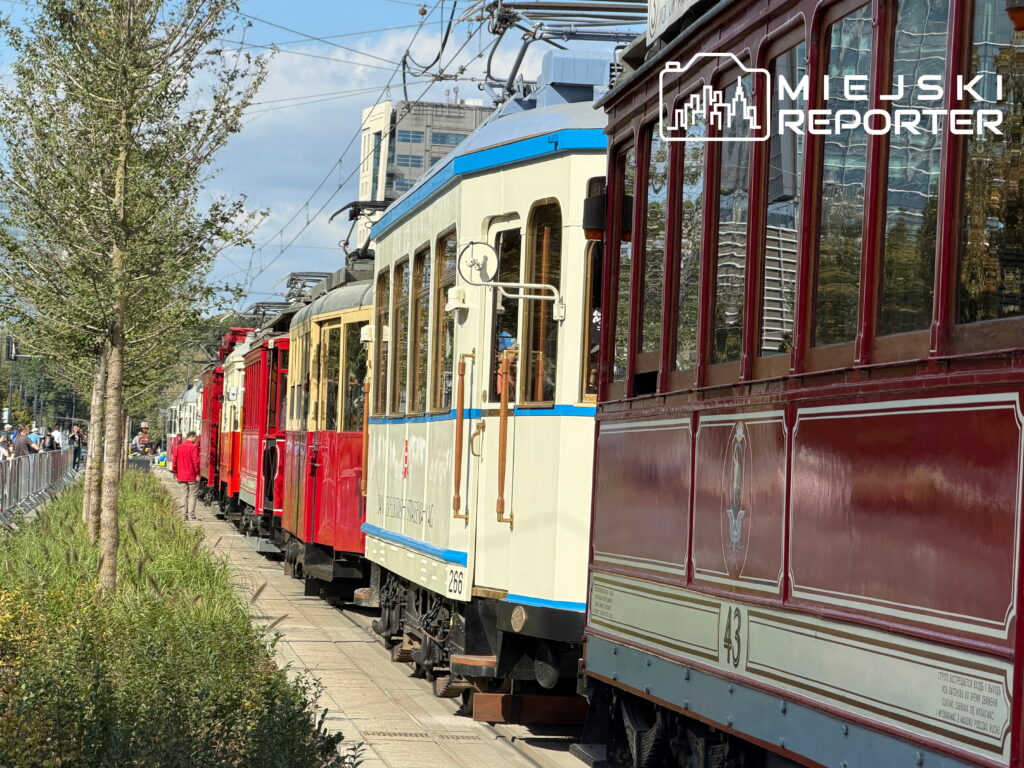Kolekcja kolorowych tramwajów ustawionych wzdłuż chodnika, obok rosnących drzew, podczas Mistrzostw motorniczych.
