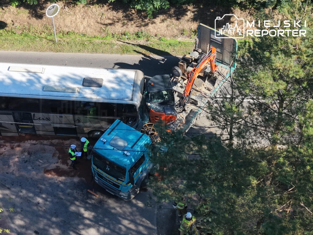 Autokar i niebieska ciężarówka po zderzeniu na leśnej drodze, obok pojazdów pracują służby ratunkowe.