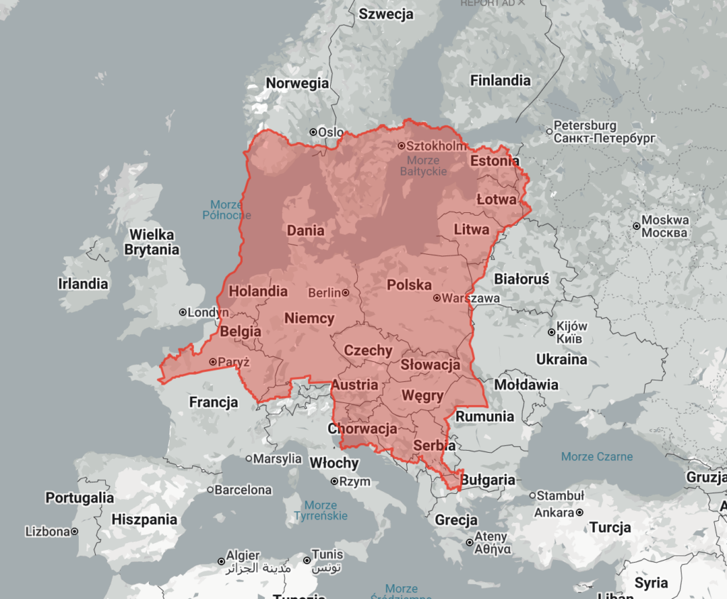 Mapa Europy z zaznaczonym na czerwono obszarem obejmującym Niemcy, Polskę, Czechy, Austrię, Holandię oraz części Skandynawii.
