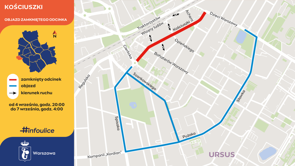Mapa przedstawiająca zamknięty odcinek ulicy Kościuszki oraz objazdy w Warszawie, z datami i kierunkiem ruchu.