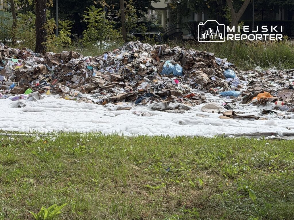 Odpady, w tym kartony i plastikowe torby, leżą na jezdni, pokryte warstwą białej piany. W tle zieleń drzew.