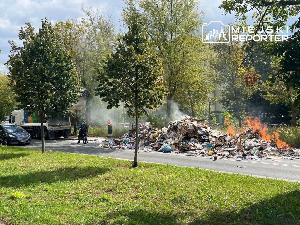 Na jezdni leży stos płonących odpadów, obok strażak w mundurze gasi ogień, a w tle widoczny jest śmieciarka.