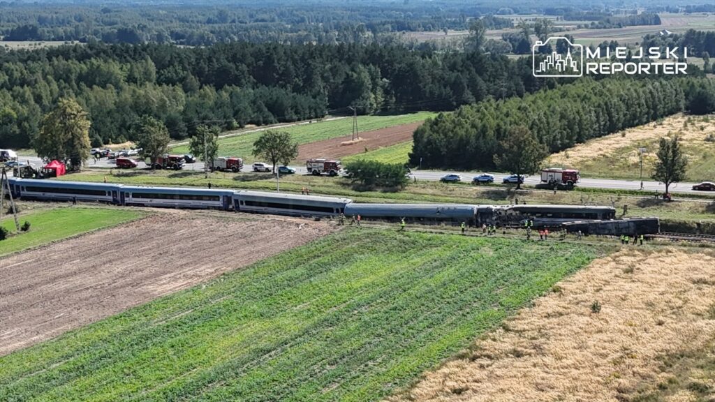 Pociąg wykolejony na torach, w tle służby ratunkowe oraz pojazdy na drodze, otoczenie to pola i drzewa.