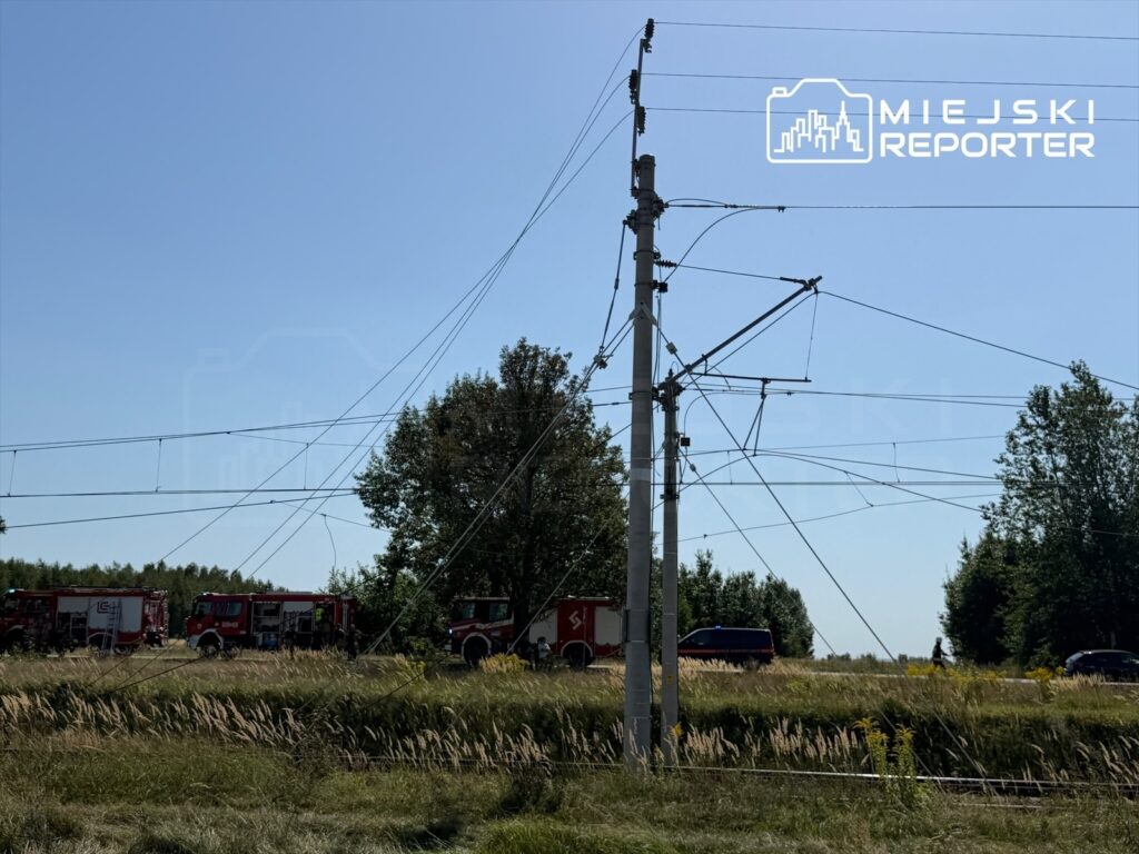 Na tle nieba widać słup elektryczny z przewodami, a w oddali stoją czerwone pojazdy strażackie obok zielonej roślinności.