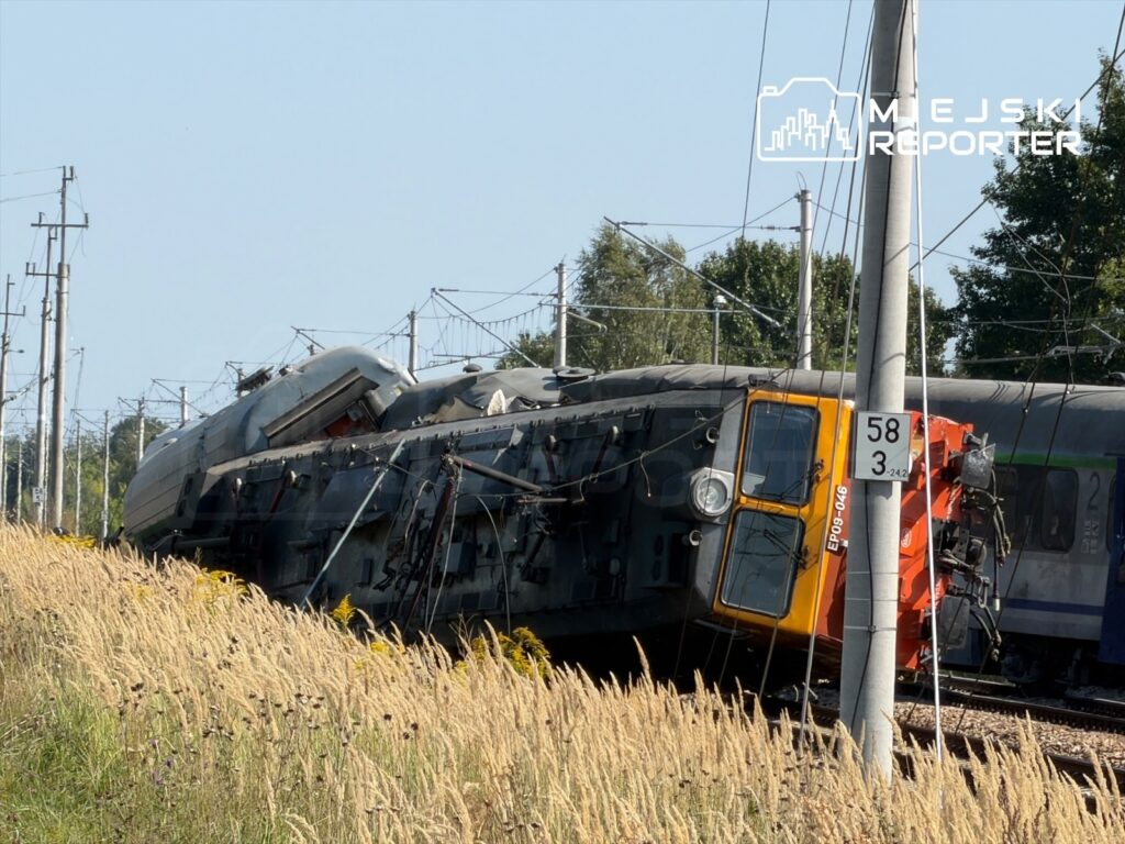 Wykolejony pociąg leży na torach, otoczony wysoką trawą, z widocznymi słupami trakcyjnymi w tle.