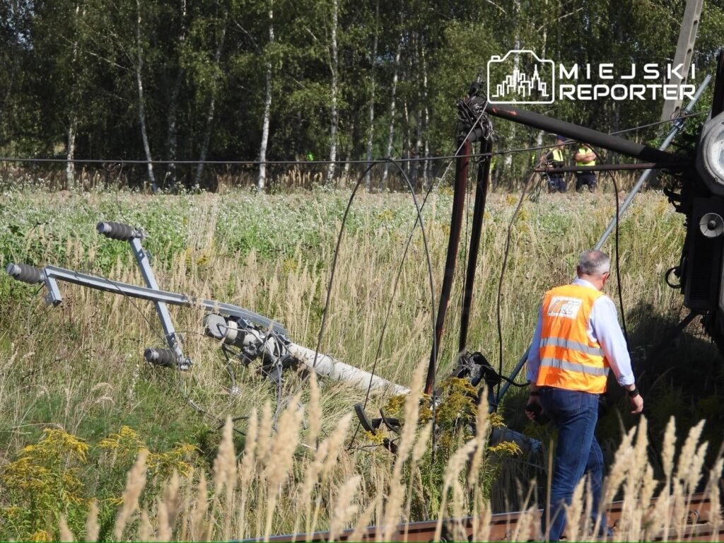 Mężczyzna w pomarańczowej kamizelce inspekcyjnej bada przewrócony słup energetyczny wśród wysokich traw.